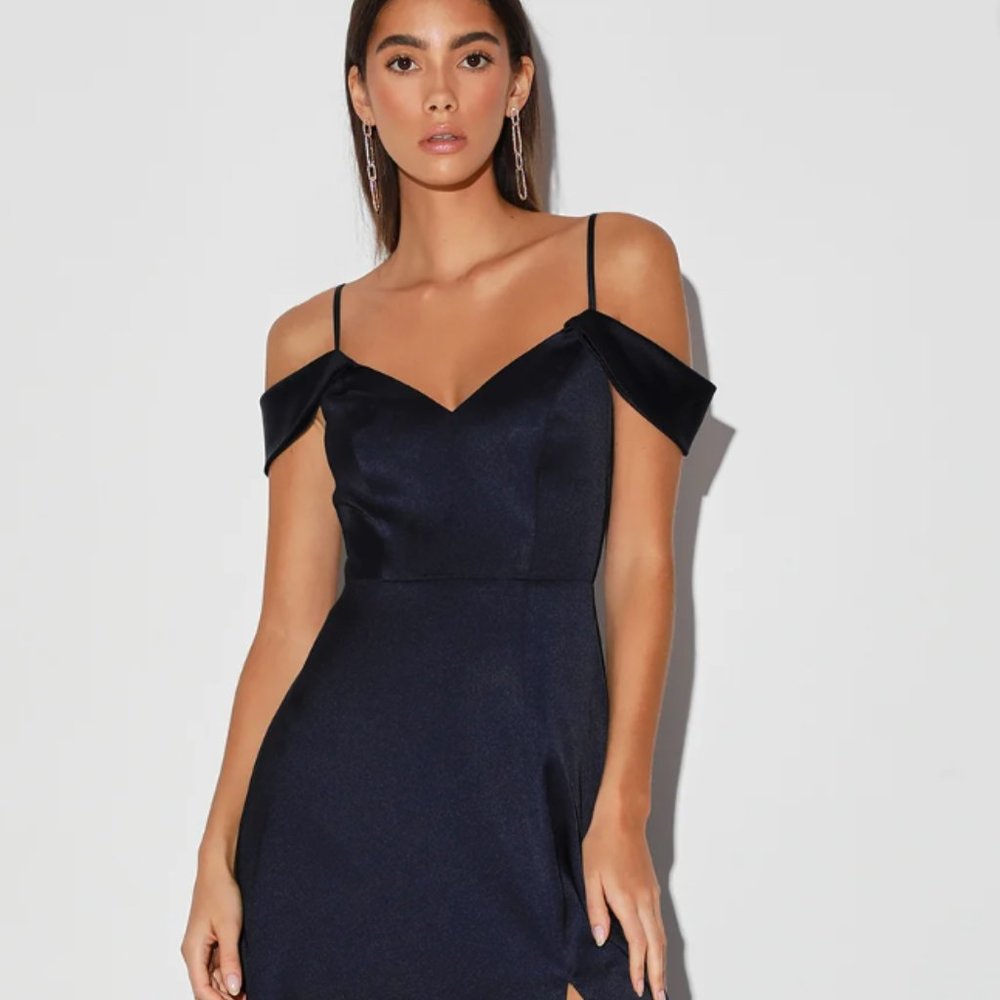 Meant For Forever Navy Blue Satin Off-the-Shoulder Maxi Dress